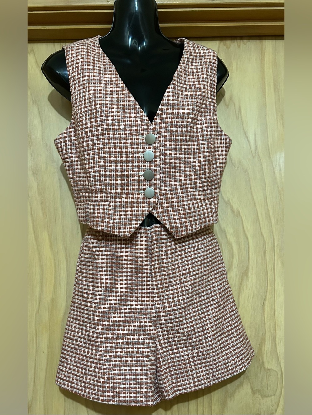 Altar’d State Tweed Vest & Short Set in Rust and Cream - Tailored Two-Piece